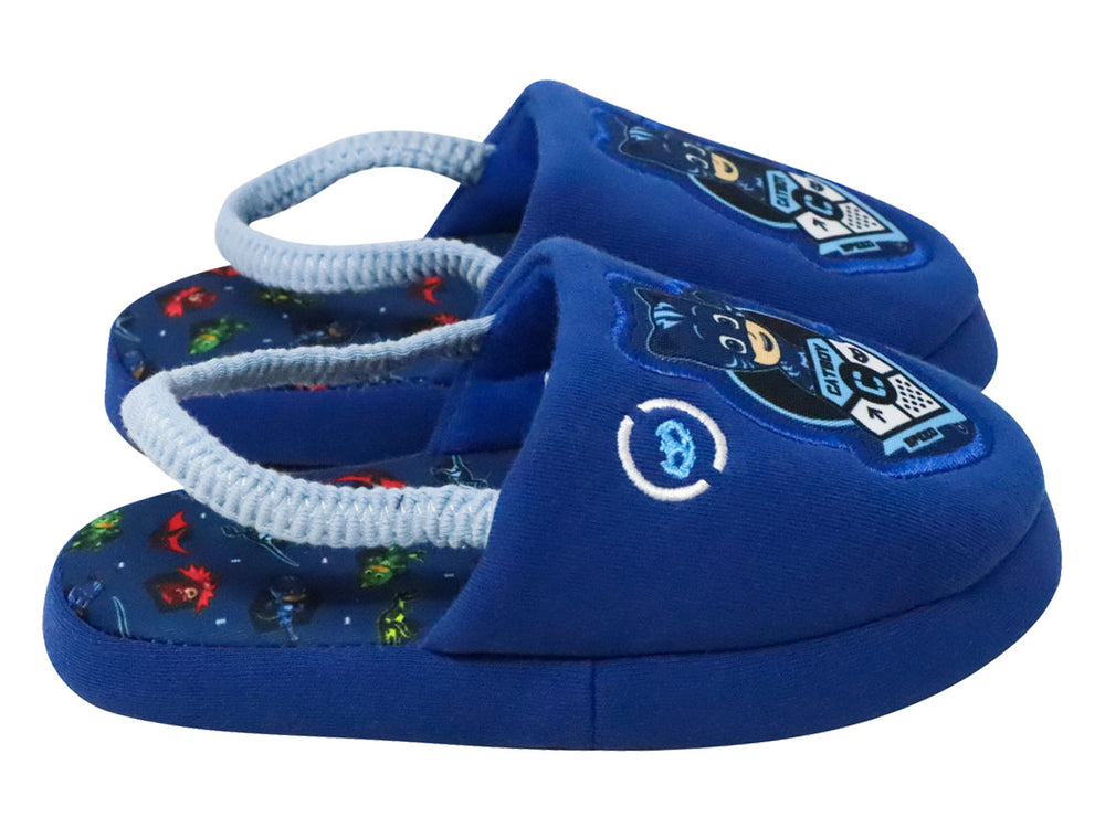Pantufla azul de peluche para niño con diseño de Catboy de PJ Masks y asa de transporte.