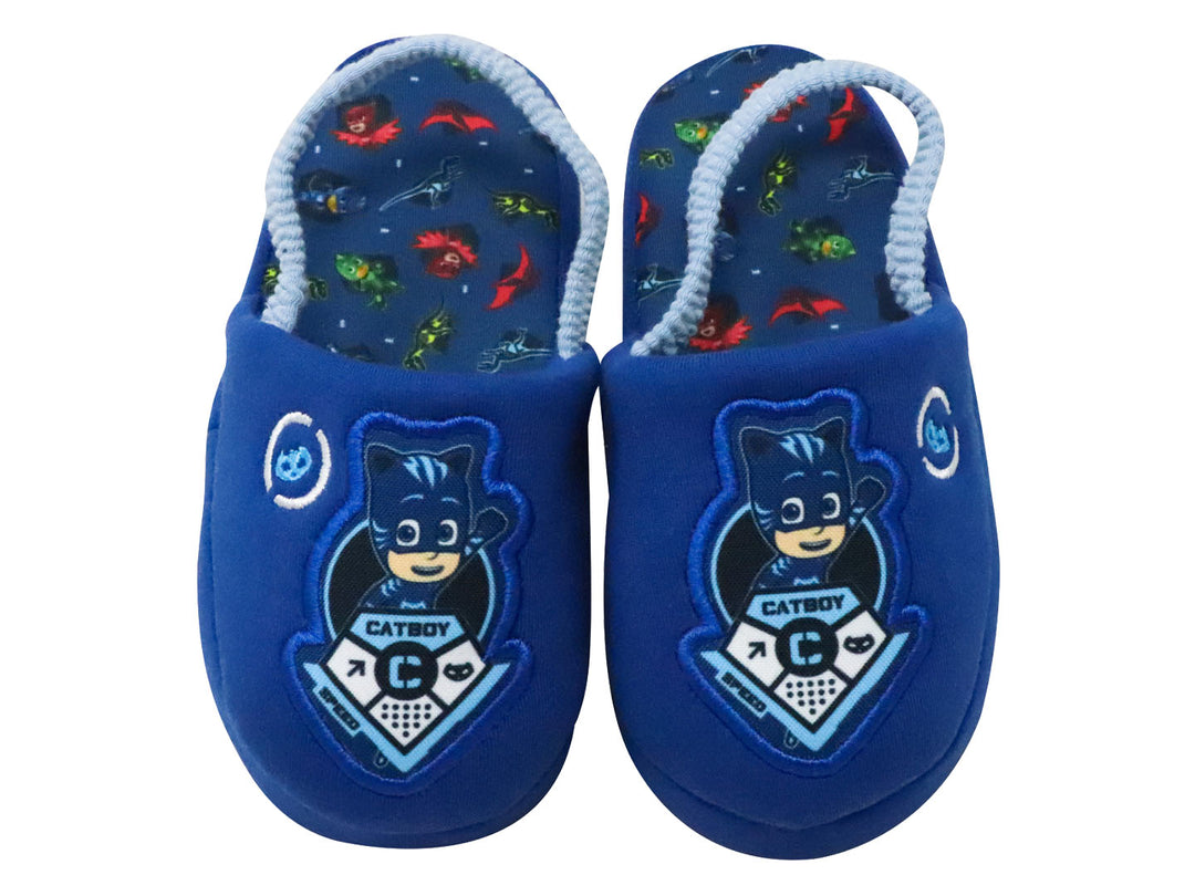 Pantufla azul de peluche para niño con diseño de Catboy de PJ Masks y asa de transporte.