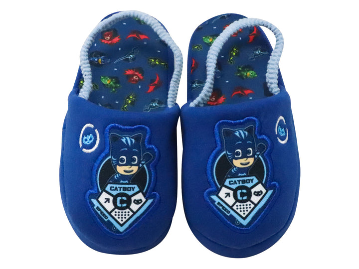 Pantufla azul de peluche para niño con diseño de Catboy de PJ Masks y asa de transporte.