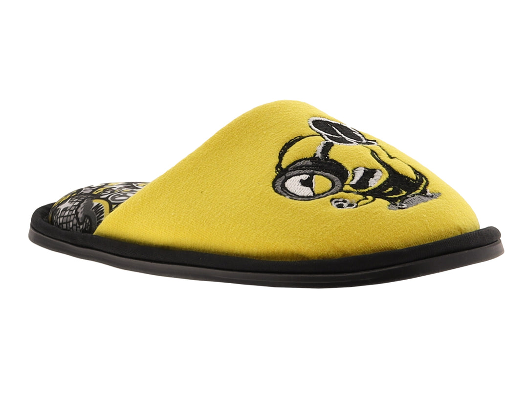 Pantufla amarilla para niño con estampado de Minion y suela negra.