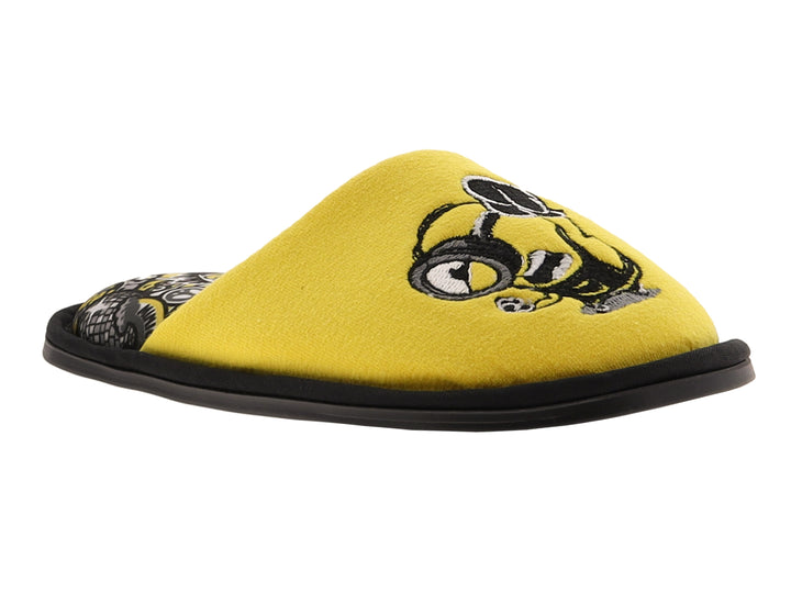 Pantufla amarilla para niño con estampado de Minion y suela negra.