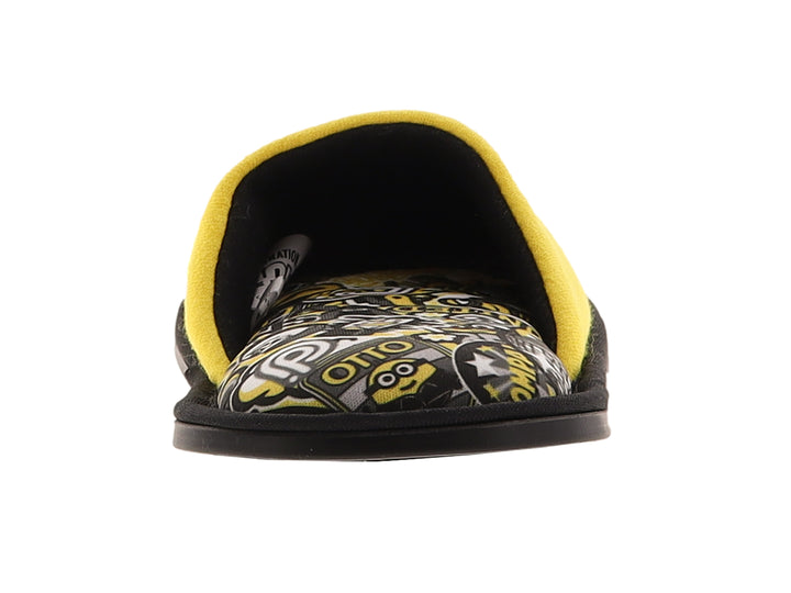 Pantufla amarilla para niño con estampado de Minion y suela negra.
