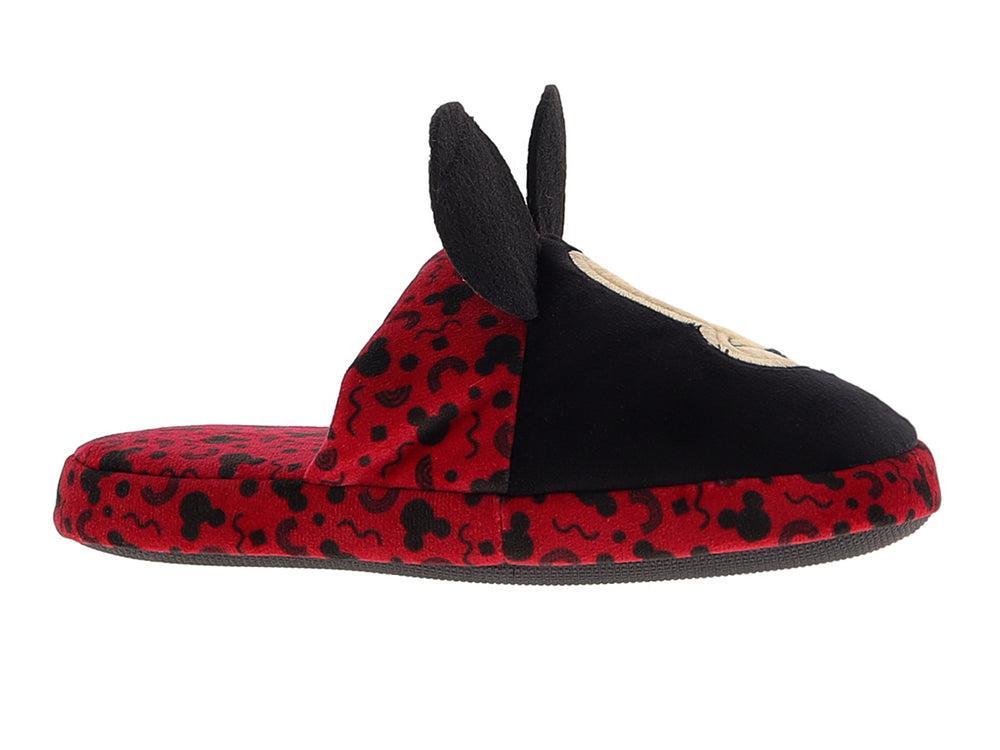 Pantuflas negras y rojas de Mickey Mouse para niño con orejas decorativas.