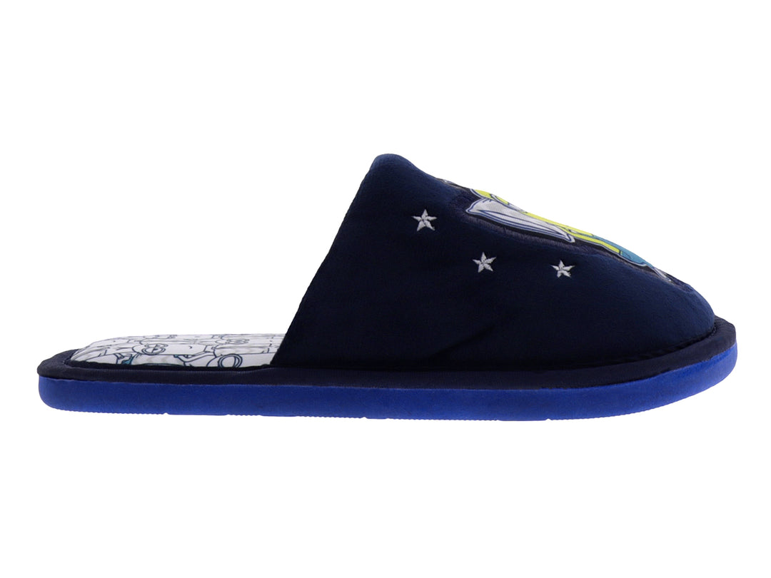 Pantuflas azules de tela suave con estampado de Minion y estrellas blancas.