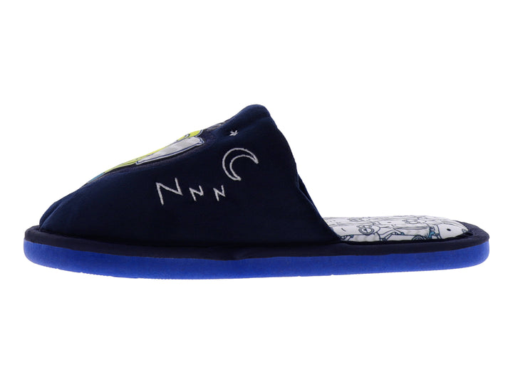 Pantuflas azules de tela suave con estampado de Minion y estrellas blancas.