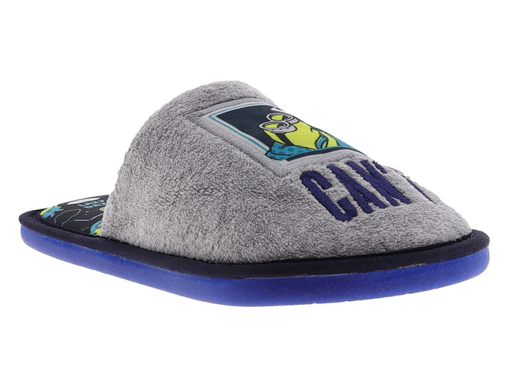 Pantuflas grises para niño con suela azul y estampado de Minions.