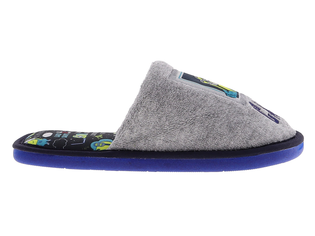 Pantuflas grises para niño con suela azul y estampado de Minions.