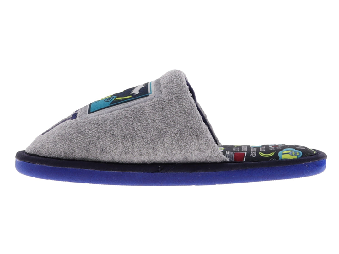 Pantuflas grises para niño con suela azul y estampado de Minions.