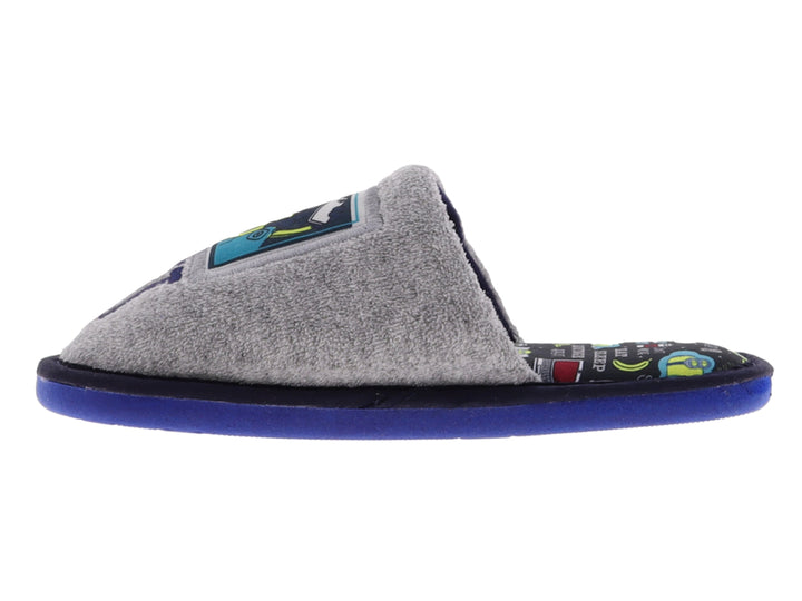 Pantuflas grises para niño con suela azul y estampado de Minions.