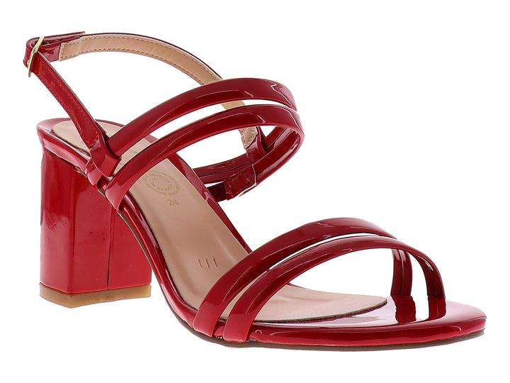 Sandalia roja de charol brillante con tacón bloque y tiras cruzadas para mujer.