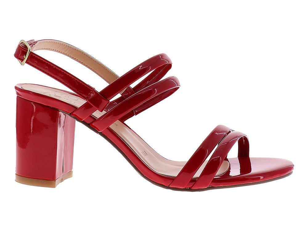 Sandalia roja de charol brillante con tacón bloque y tiras cruzadas para mujer.