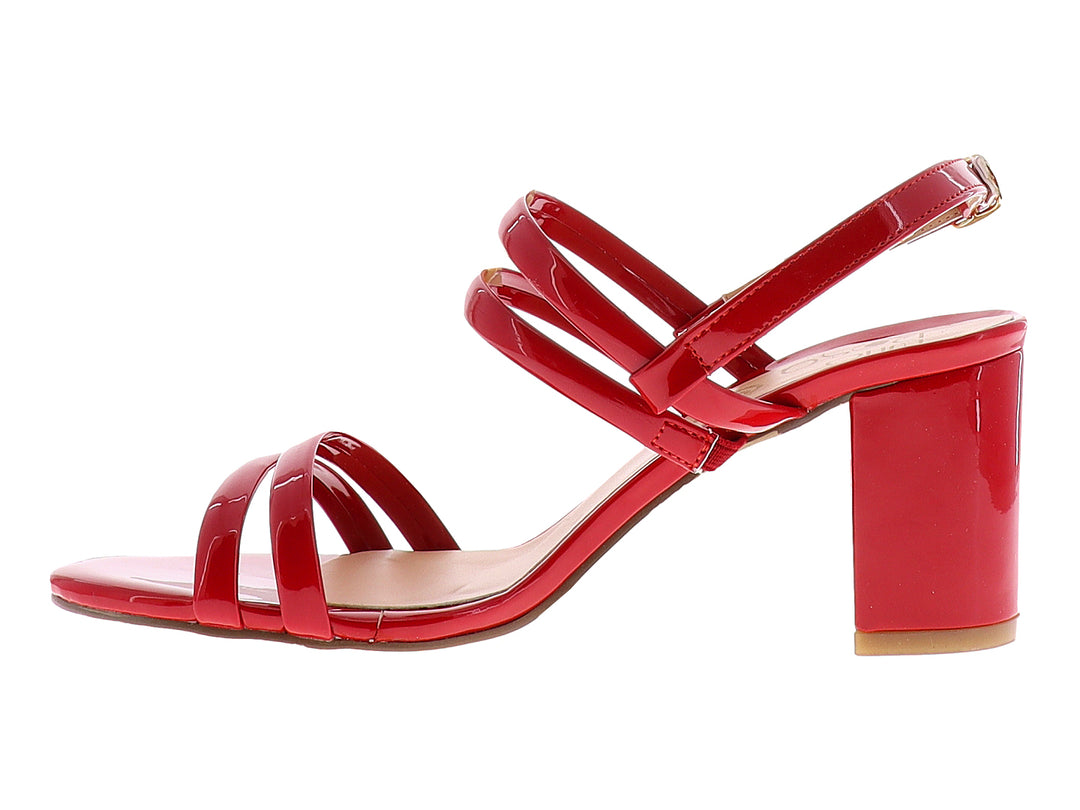 Sandalia roja de charol brillante con tacón bloque y tiras cruzadas para mujer.