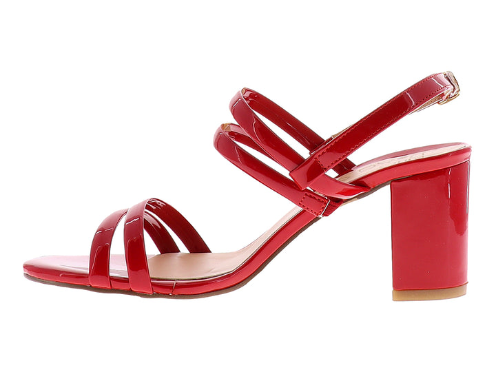 Sandalia roja de charol brillante con tacón bloque y tiras cruzadas para mujer.