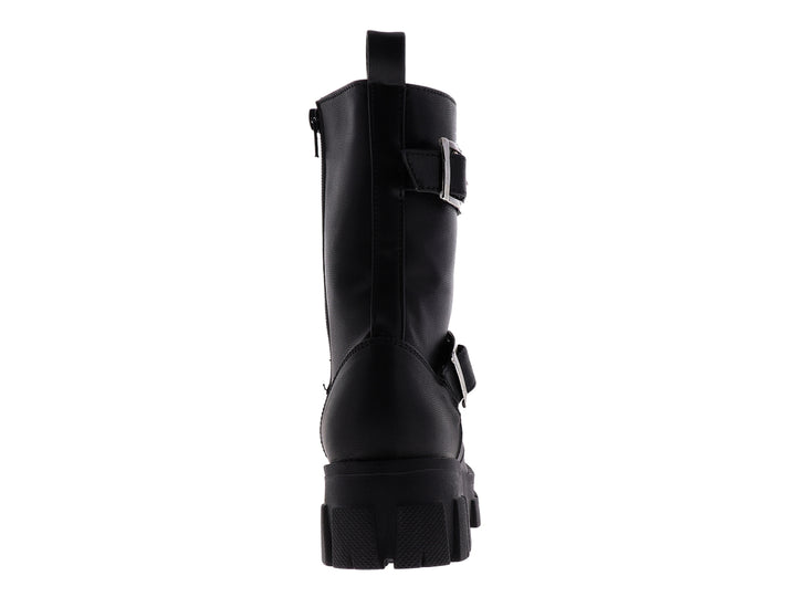 Botines negros para mujer con suela track, cordones y hebillas decorativas plateadas.
