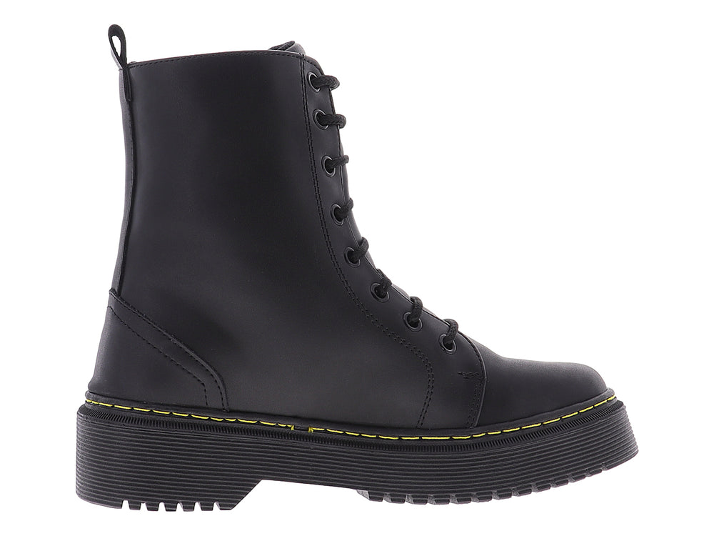 Botines negros para mujer con plataforma y costuras amarillas contrastantes.