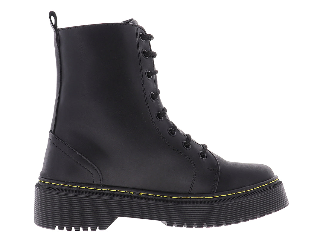 Botines negros para mujer con plataforma y costuras amarillas contrastantes.