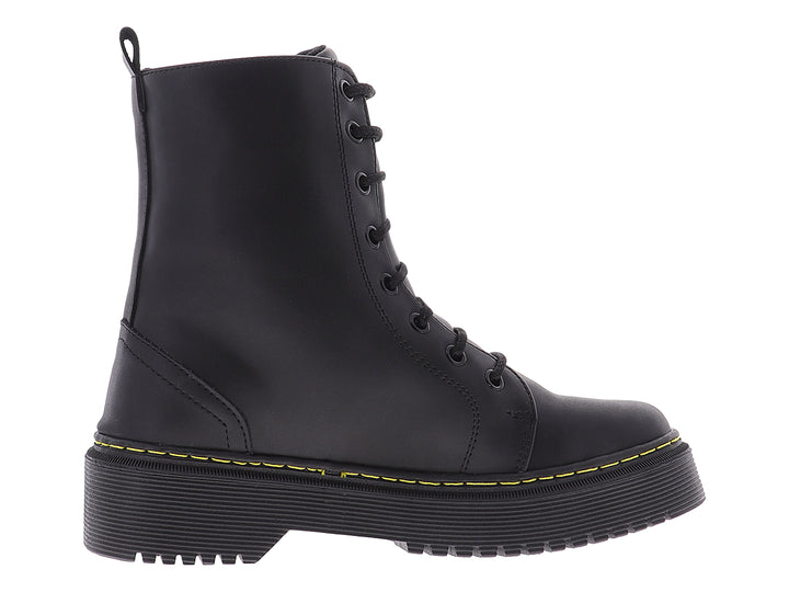 Botines negros para mujer con plataforma y costuras amarillas contrastantes.