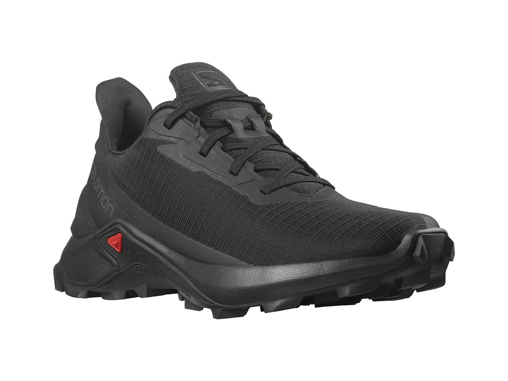 Tenis deportivos Salomon Alphacross 3 color negro con suela robusta y detalle rojo.