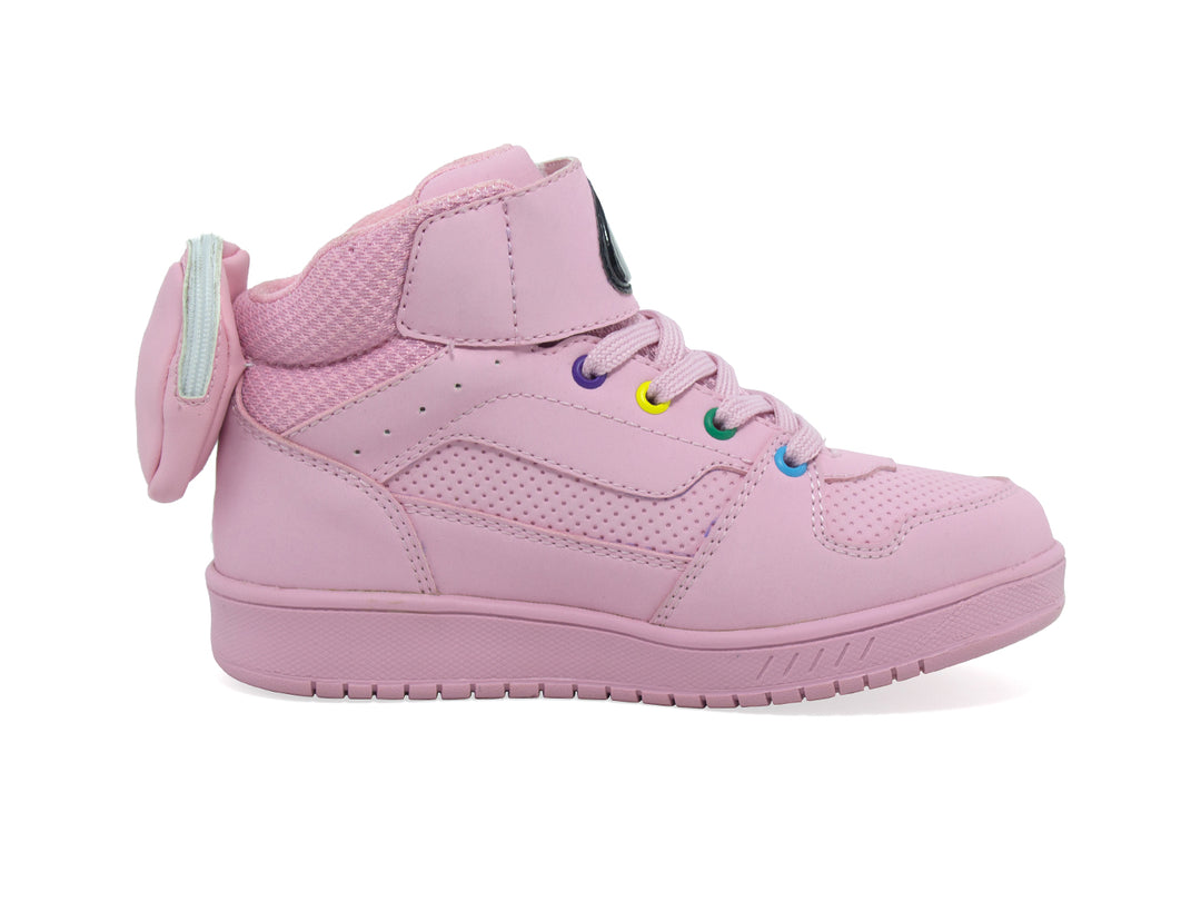 Tenis urbanos para niña en color rosa pastel con detalles coloridos y correa reflectante.