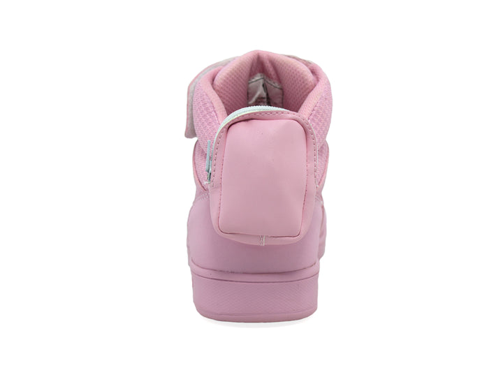 Tenis urbanos para niña en color rosa pastel con detalles coloridos y correa reflectante.