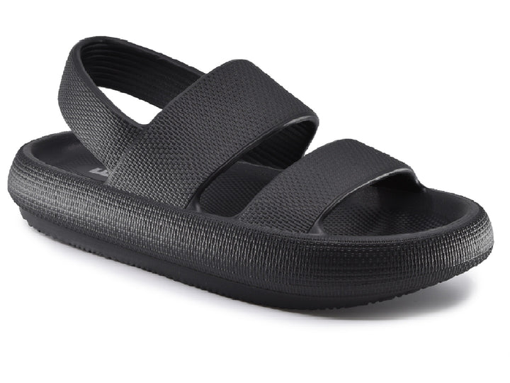 Sandalia EFE para mujer en color negro con textura rugosa y correas anchas.