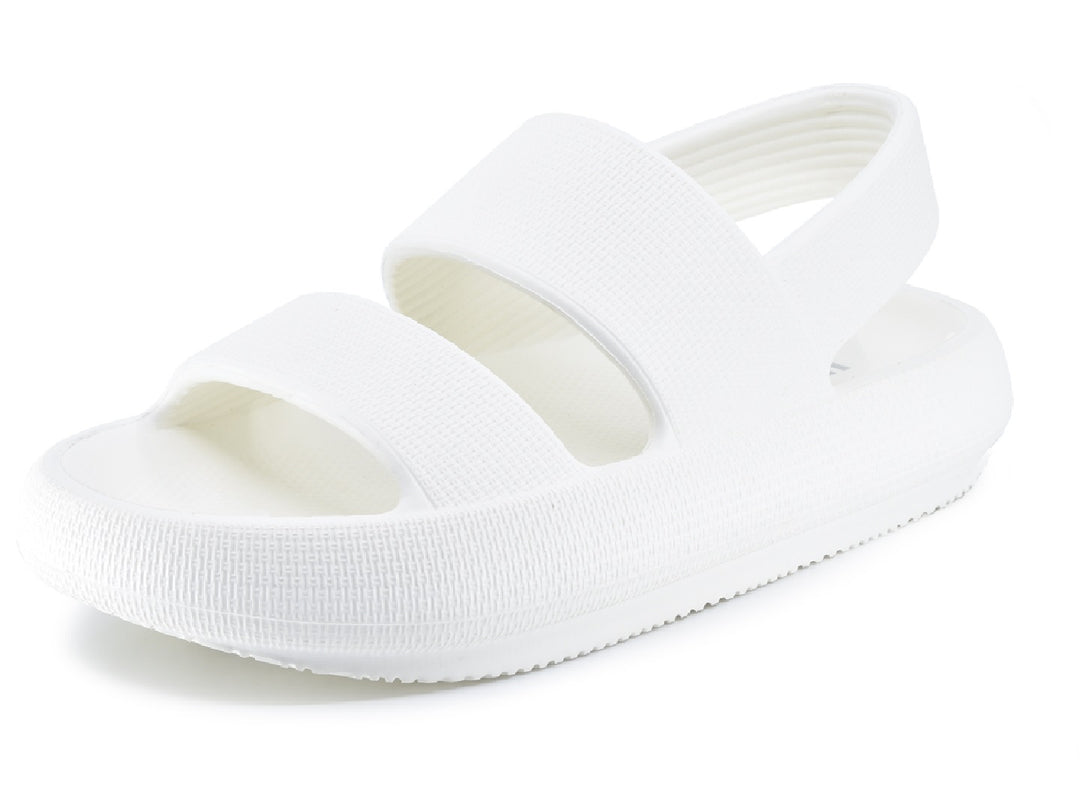 Sandalias blancas para mujer con dos tiras anchas y suela texturizada sobre fondo blanco.