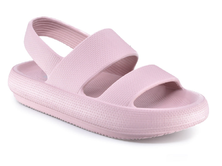 Sandalias color rosa con textura rugosa y correa trasera para mujer.