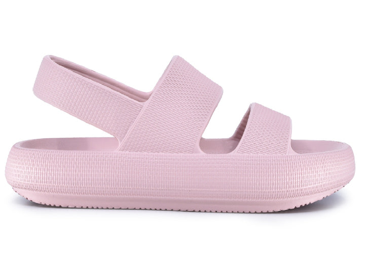 Sandalias color rosa con textura rugosa y correa trasera para mujer.