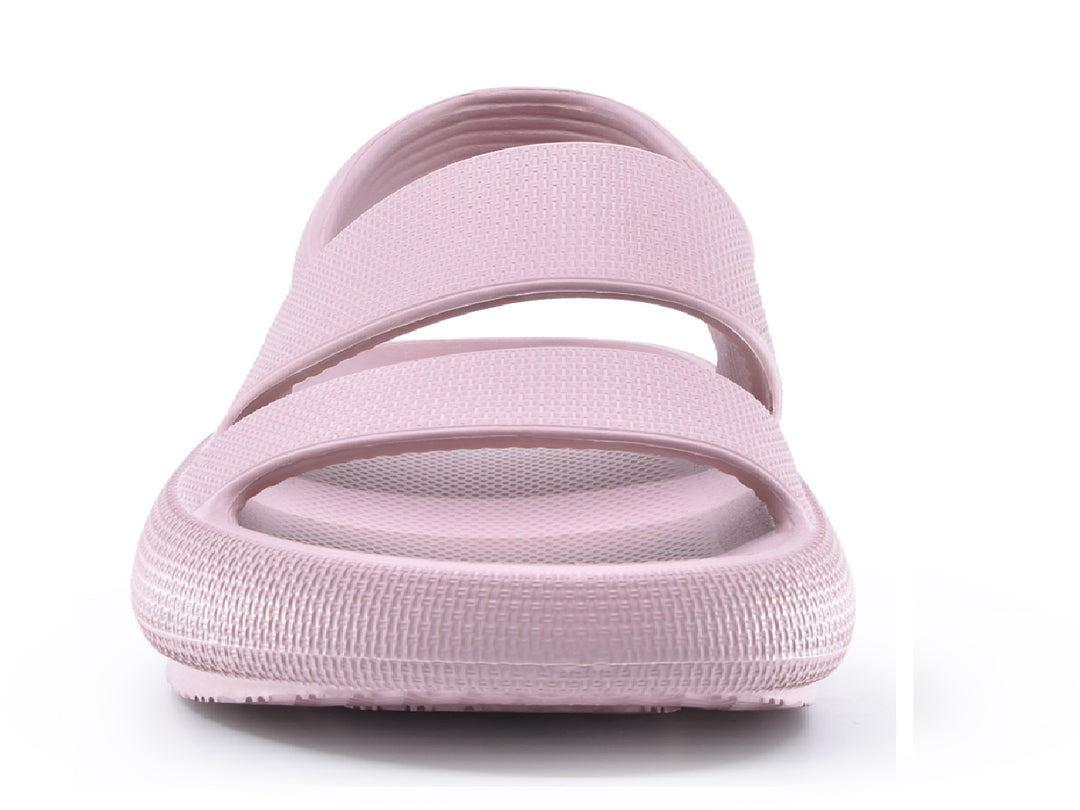 Sandalias color rosa con textura rugosa y correa trasera para mujer.
