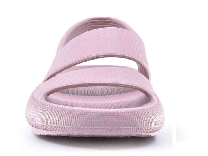 Sandalias color rosa con textura rugosa y correa trasera para mujer.