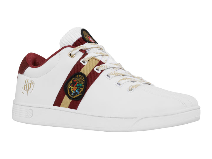 Tenis K-Swiss blancos con franjas rojas y doradas y escudo de Gryffindor para hombre.