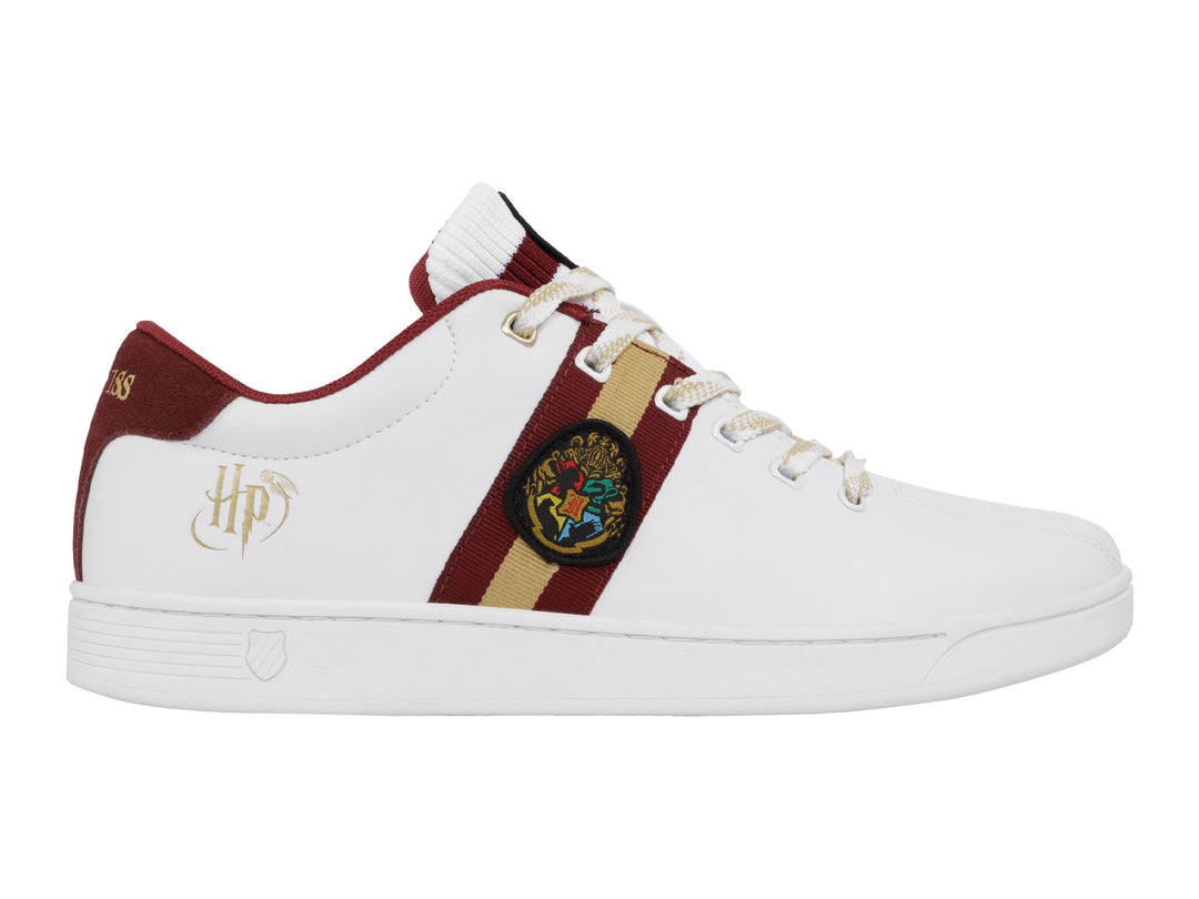 Tenis K-Swiss blancos con franjas rojas y doradas y escudo de Gryffindor para hombre.