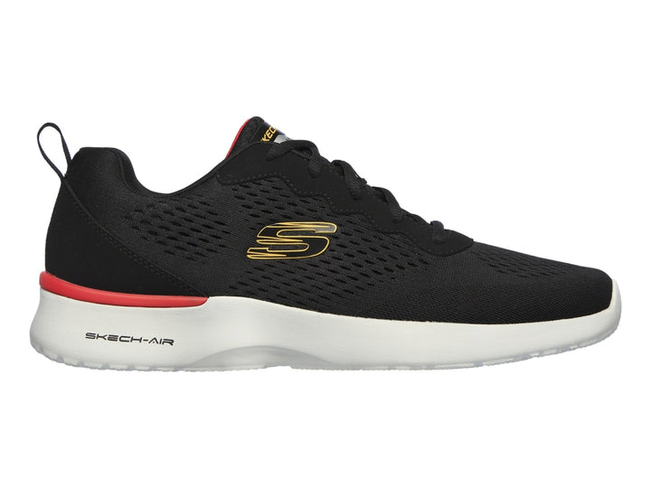 Tenis deportivos Skechers color negro con suela blanca y detalle rojo para hombre.