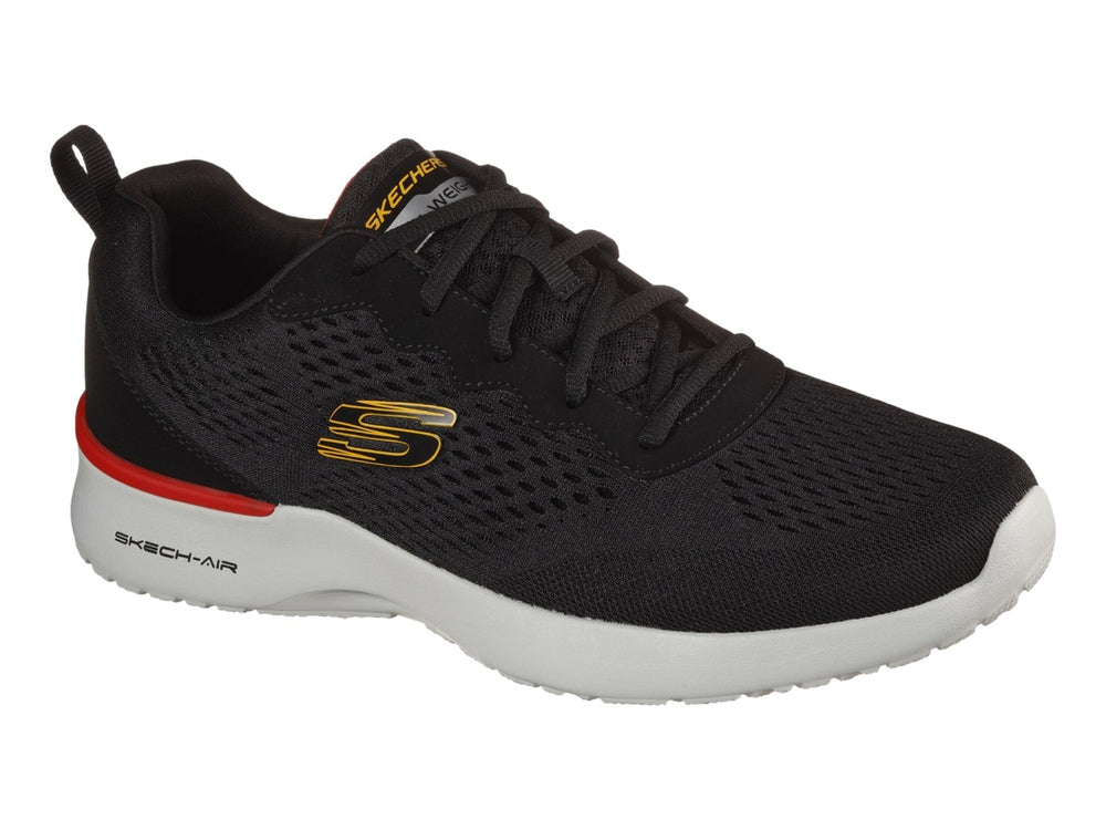 Tenis deportivos Skechers color negro con suela blanca y detalle rojo para hombre.