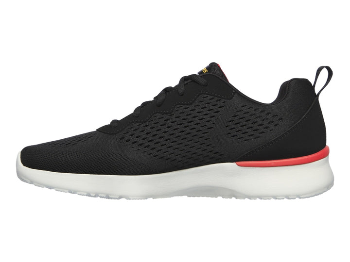 Tenis deportivos Skechers color negro con suela blanca y detalle rojo para hombre.