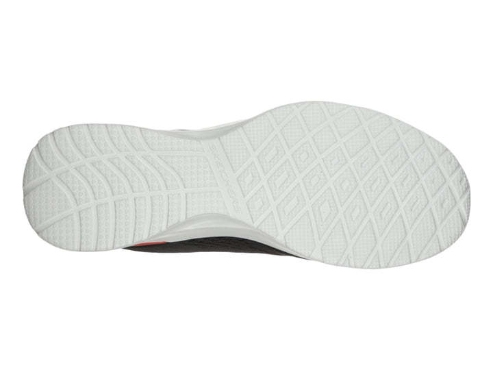 Tenis deportivos Skechers color negro con suela blanca y detalle rojo para hombre.