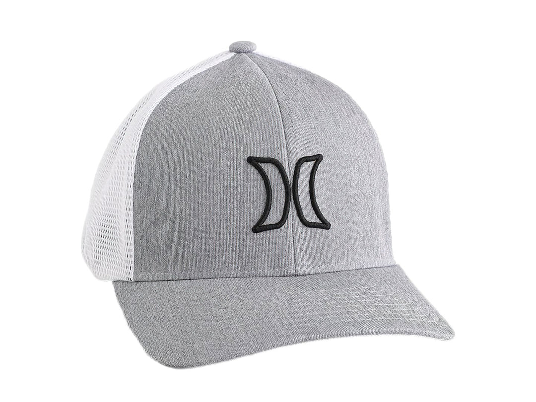 Gorra Hurley color gris jaspeado con panel trasero de malla blanca y logotipo negro en el frente.