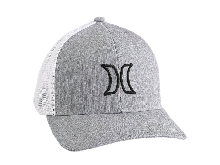 Gorra Hurley color gris jaspeado con panel trasero de malla blanca y logotipo negro en el frente.
