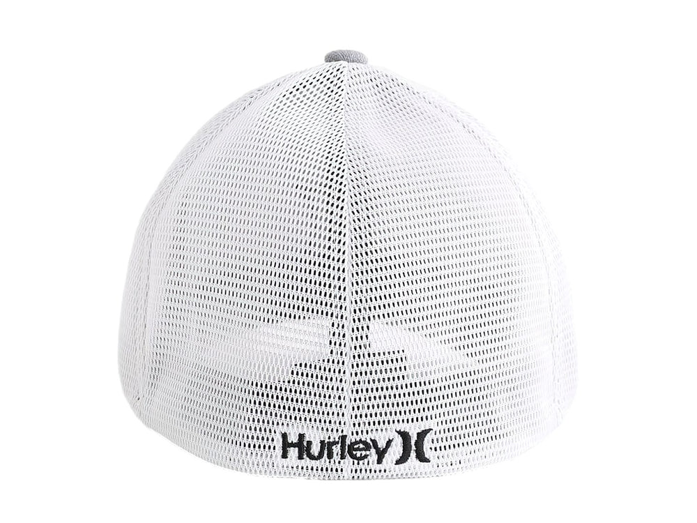 Gorra Hurley color gris jaspeado con panel trasero de malla blanca y logotipo negro en el frente.