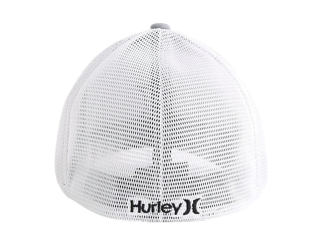 Gorra Hurley color gris jaspeado con panel trasero de malla blanca y logotipo negro en el frente.