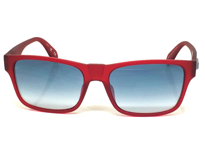 Lentes de sol Adidas Originals color rojo con cristales azules degradados y montura rectangular mate.