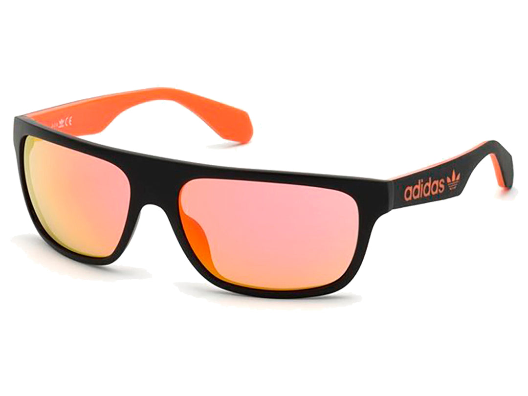 Lentes de sol Adidas Originals con montura negra, detalles en naranja y cristales espejados en tonos anaranjados.