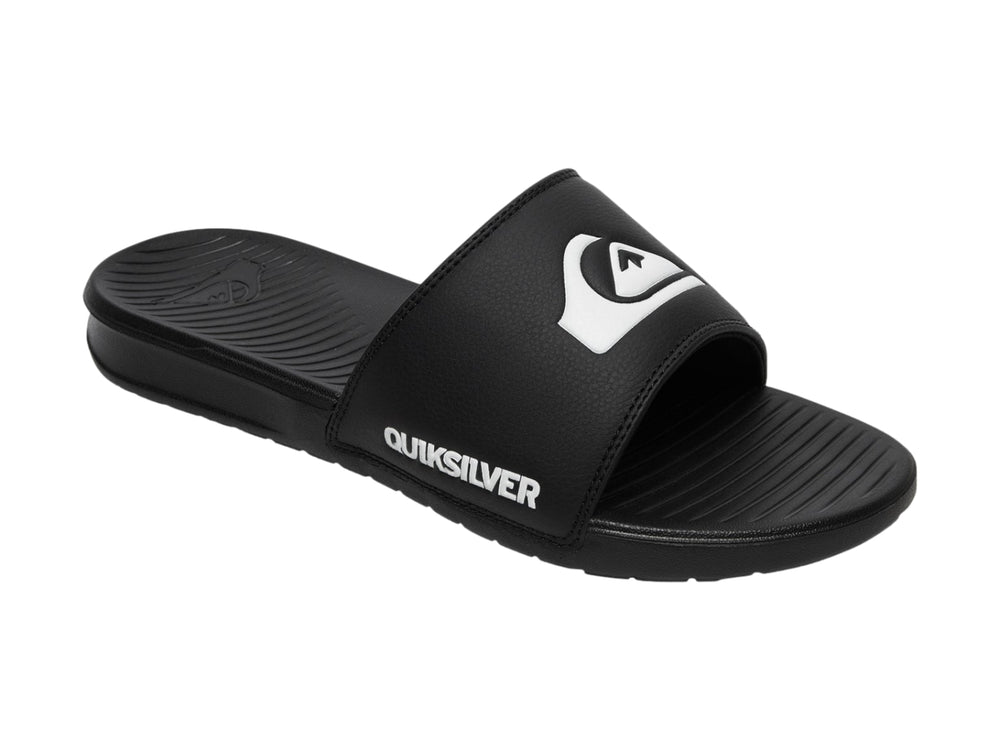 Sandalia tipo slide de color negro con logotipo de Quiksilver en blanco.