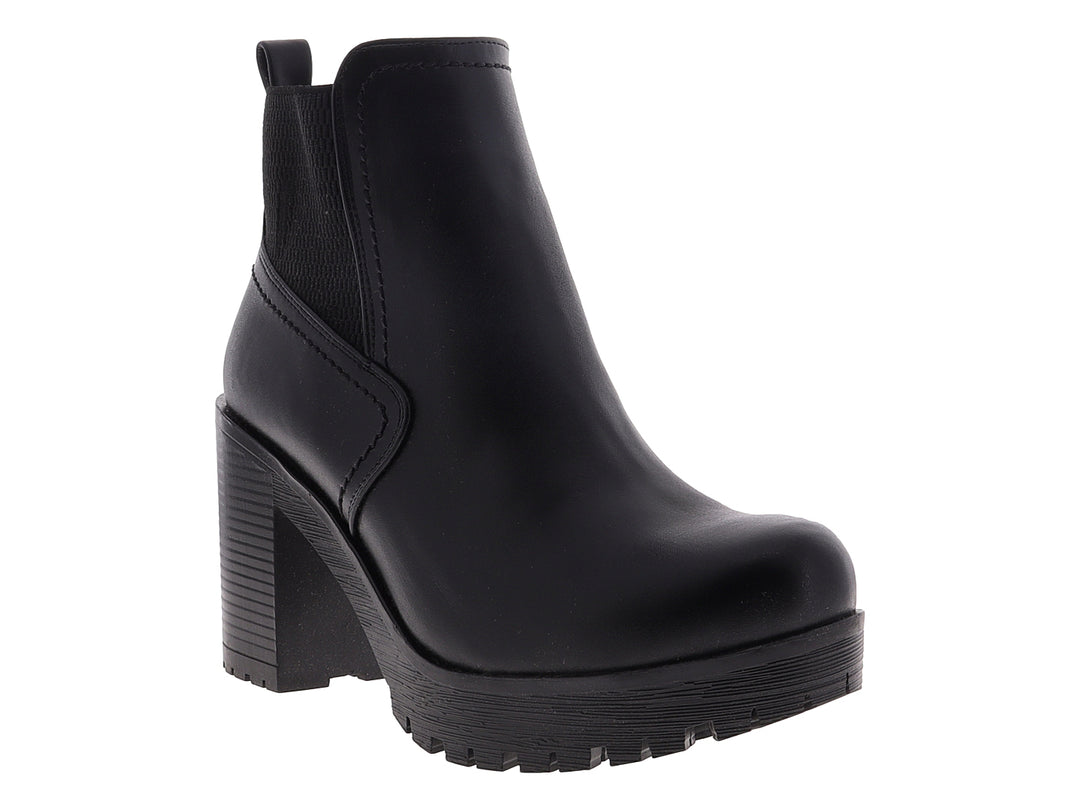 Botines negros para mujer con tacón grueso y suela de plataforma.