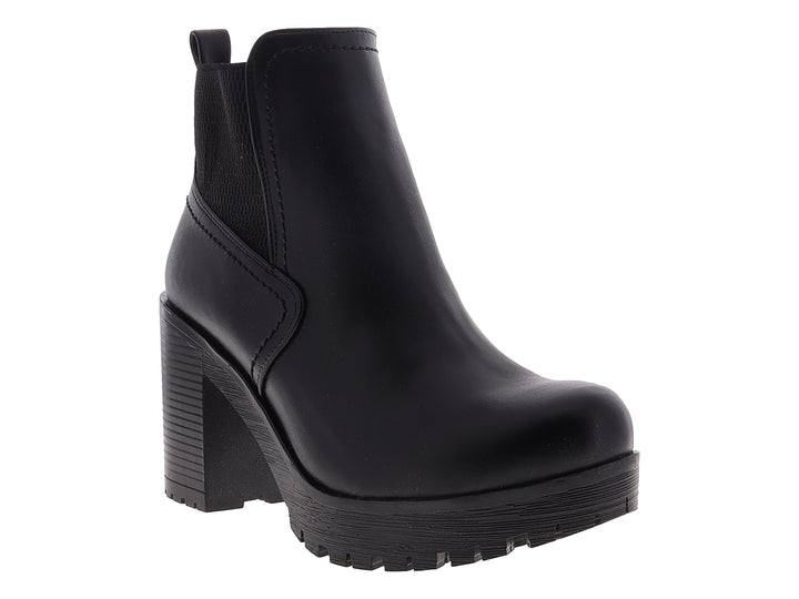Botines negros para mujer con tacón grueso y suela de plataforma.