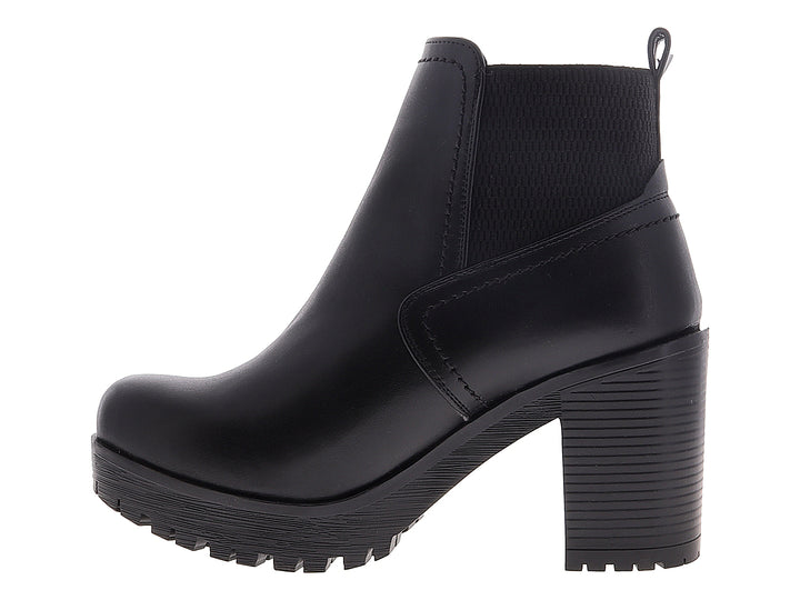 Botines negros para mujer con tacón grueso y suela de plataforma.