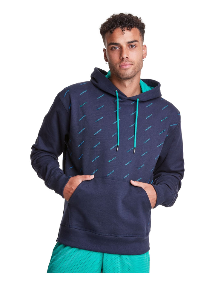 Sudadera con capucha Champion color azul marino con estampado repetitivo y detalles en turquesa.