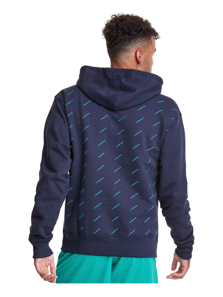 Sudadera con capucha Champion color azul marino con estampado repetitivo y detalles en turquesa.