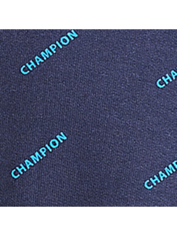 Sudadera con capucha Champion color azul marino con estampado repetitivo y detalles en turquesa.