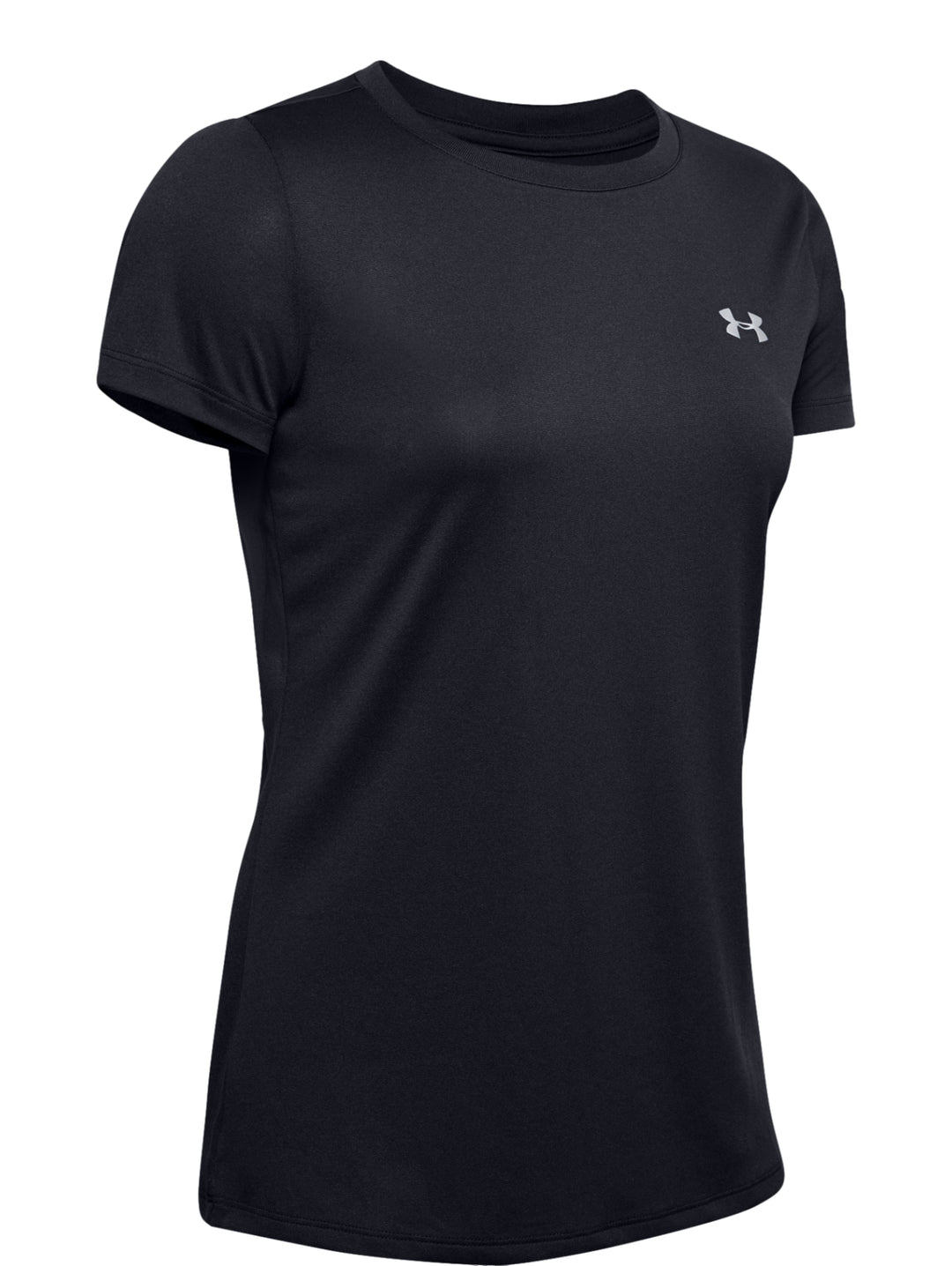 Playera deportiva Under Armour de color negro para mujer con manga corta y cuello redondo.